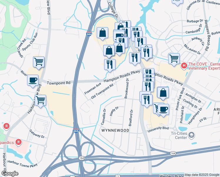 map of restaurants, bars, coffee shops, grocery stores, and more near 6373 Old Townpoint Road in Suffolk