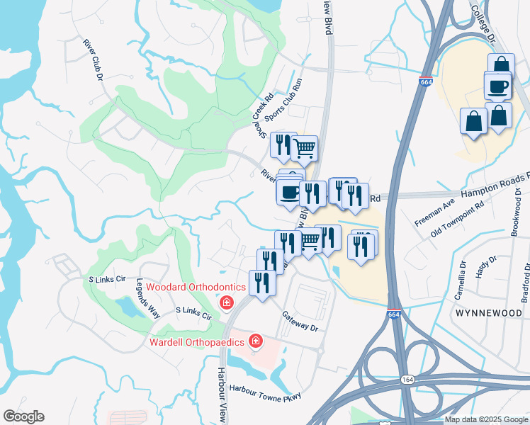 map of restaurants, bars, coffee shops, grocery stores, and more near 5871 Harbour View Boulevard in Suffolk
