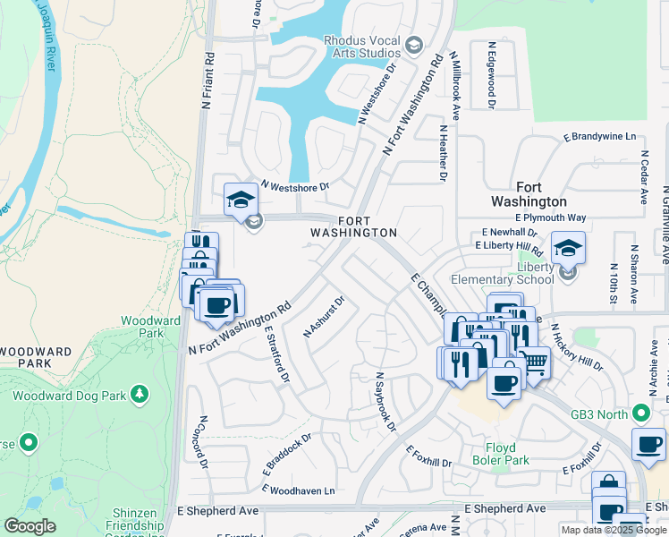 map of restaurants, bars, coffee shops, grocery stores, and more near 645 East Champlain Drive in Fresno