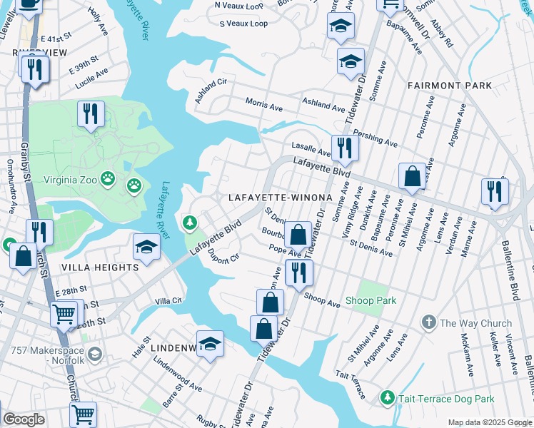map of restaurants, bars, coffee shops, grocery stores, and more near 1603 Saint Denis Avenue in Norfolk