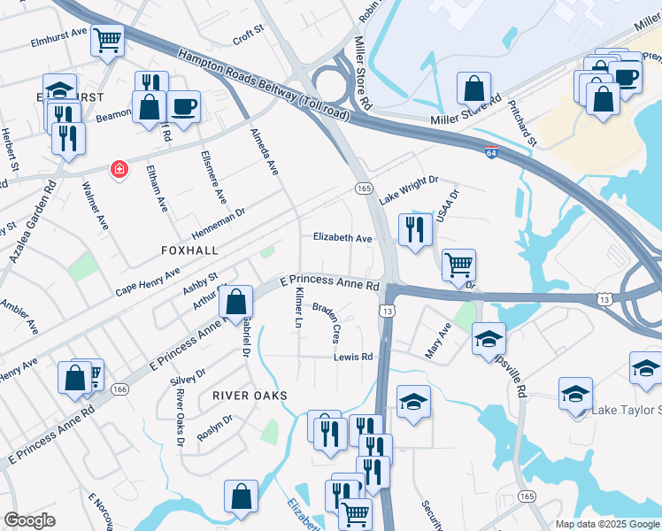 map of restaurants, bars, coffee shops, grocery stores, and more near 5531 Elizabeth Avenue in Norfolk