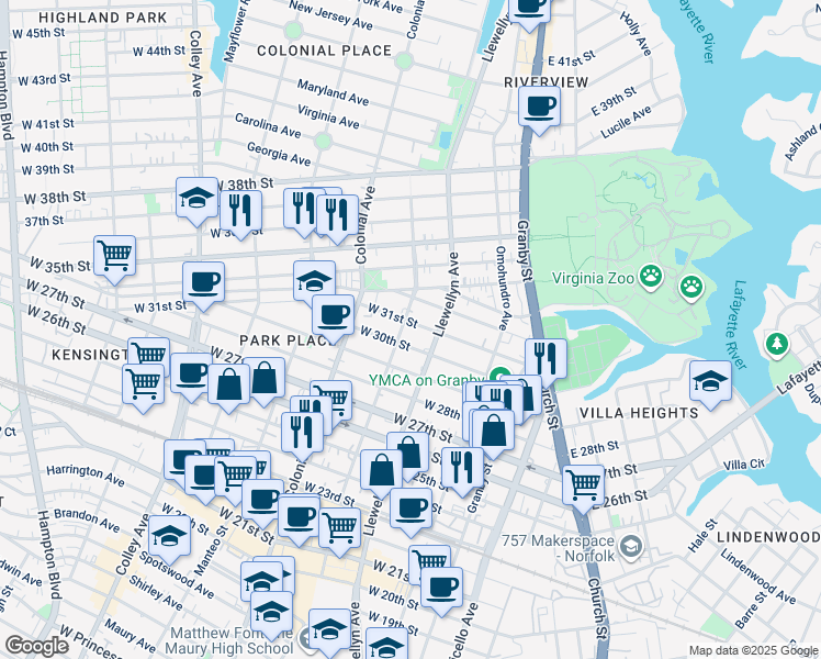 map of restaurants, bars, coffee shops, grocery stores, and more near 323 West 31st Street in Norfolk