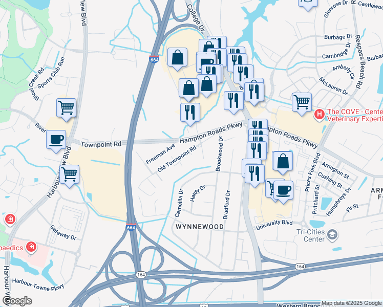 map of restaurants, bars, coffee shops, grocery stores, and more near 6373 Old Townpoint Road in Suffolk