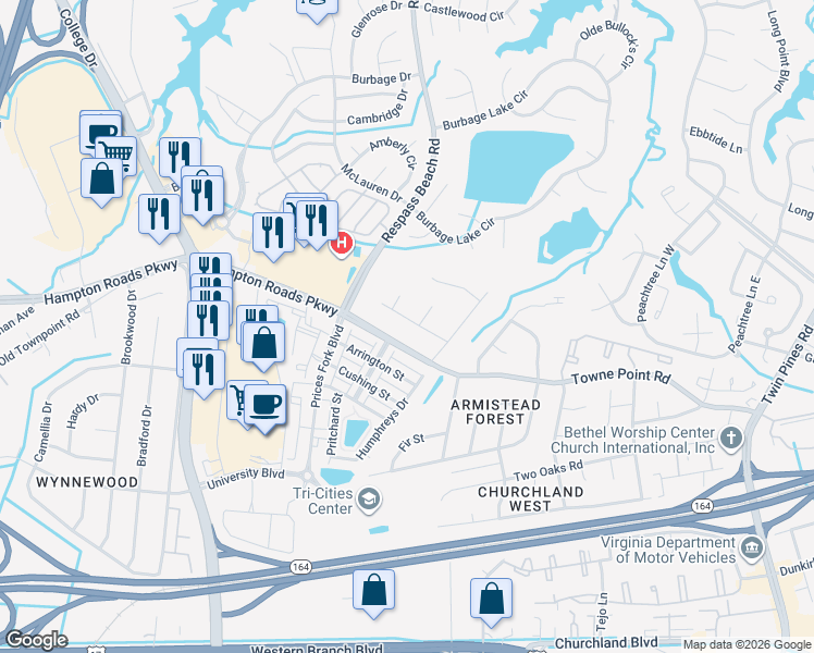 map of restaurants, bars, coffee shops, grocery stores, and more near 6201 White Ash Court in Suffolk