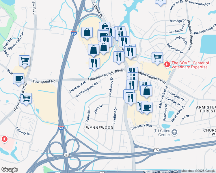 map of restaurants, bars, coffee shops, grocery stores, and more near 6441 Town Point Road in Suffolk
