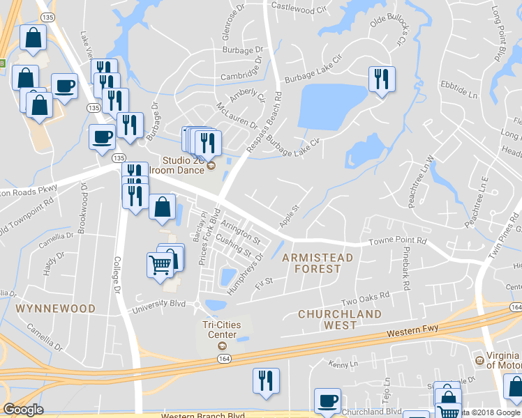 map of restaurants, bars, coffee shops, grocery stores, and more near 6717 Whitewood Street in Suffolk
