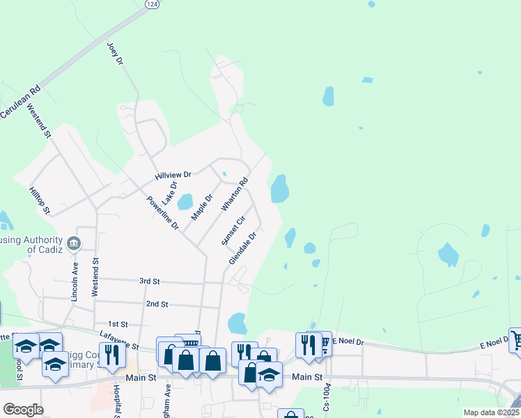 map of restaurants, bars, coffee shops, grocery stores, and more near 172 Glendale Drive in Cadiz