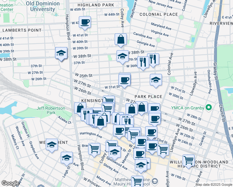 map of restaurants, bars, coffee shops, grocery stores, and more near 812 West 27th Street in Norfolk