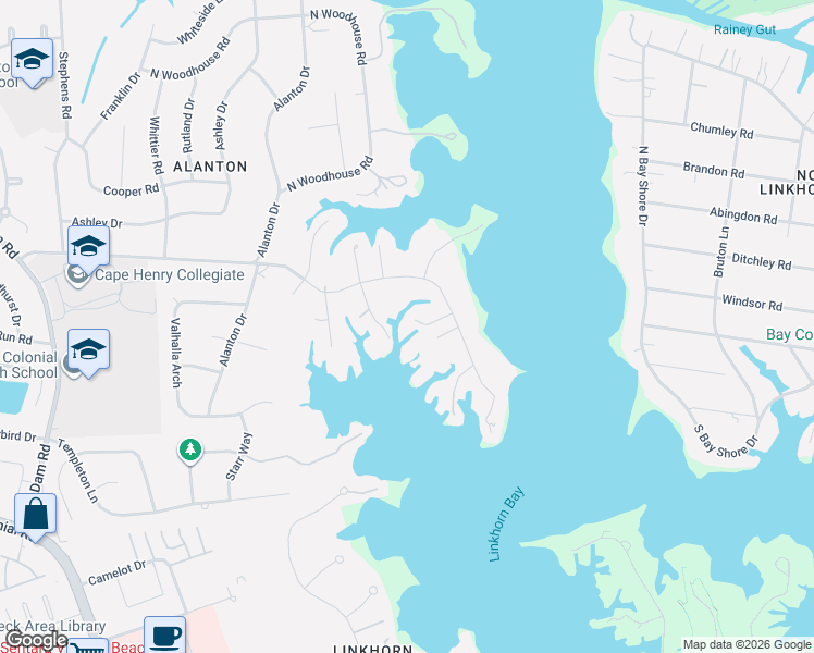 map of restaurants, bars, coffee shops, grocery stores, and more near 1519 Duke of Windsor Road in Virginia Beach