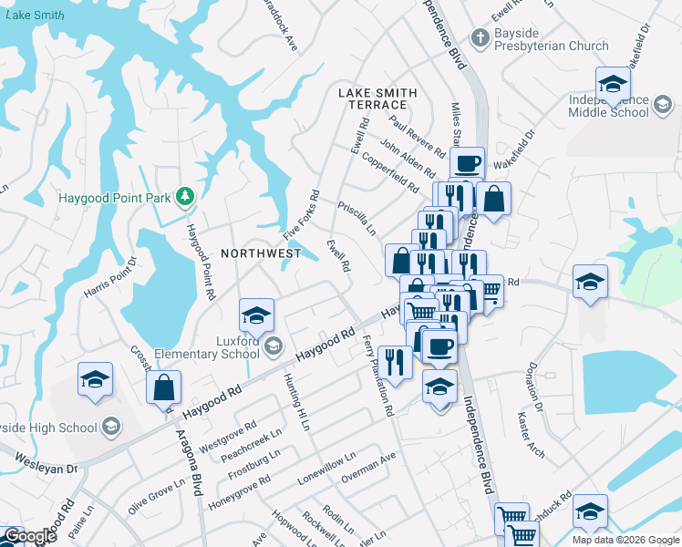 map of restaurants, bars, coffee shops, grocery stores, and more near 925 Ewell Road in Virginia Beach