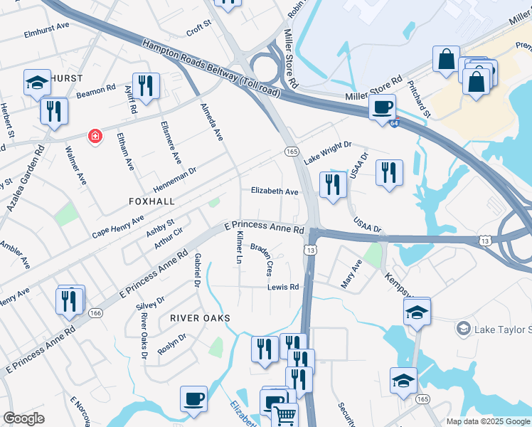 map of restaurants, bars, coffee shops, grocery stores, and more near 5531 Elizabeth Avenue in Norfolk