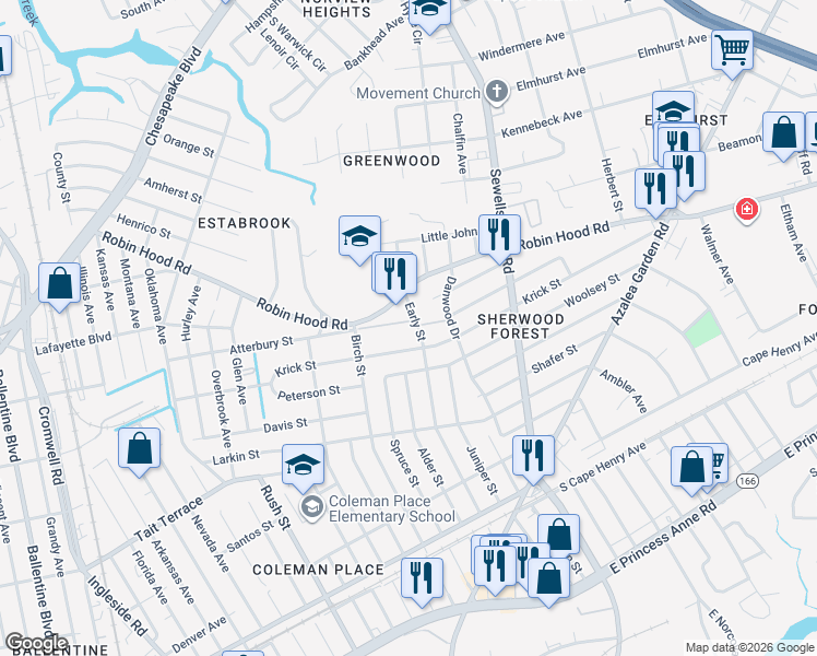 map of restaurants, bars, coffee shops, grocery stores, and more near 4545 Robin Hood Road in Norfolk