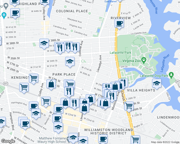 map of restaurants, bars, coffee shops, grocery stores, and more near 402 West 31st Street in Norfolk