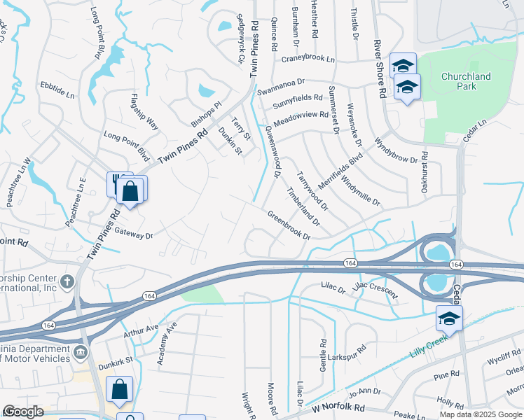 map of restaurants, bars, coffee shops, grocery stores, and more near 5504 Greenbrook Drive in Portsmouth