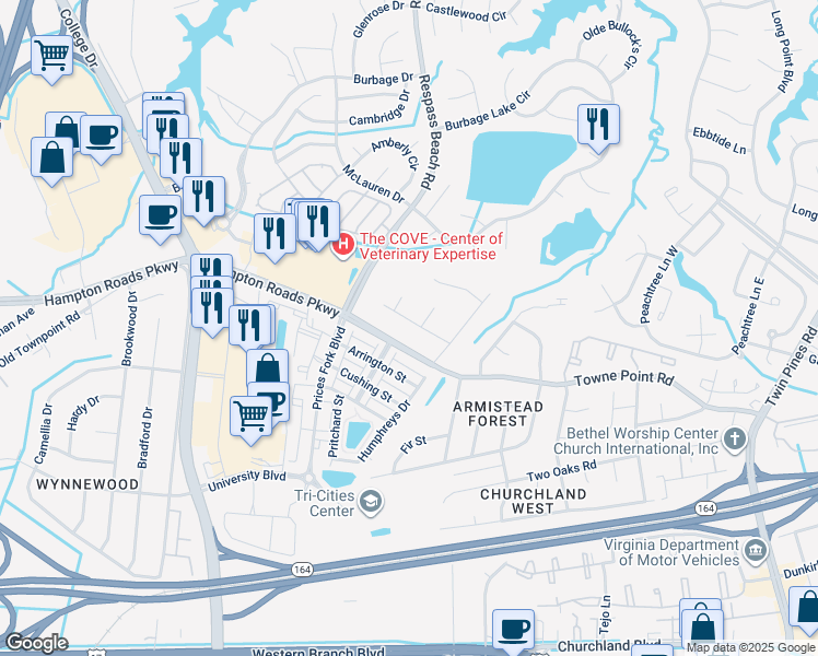 map of restaurants, bars, coffee shops, grocery stores, and more near 6717 Whitewood Street in Suffolk