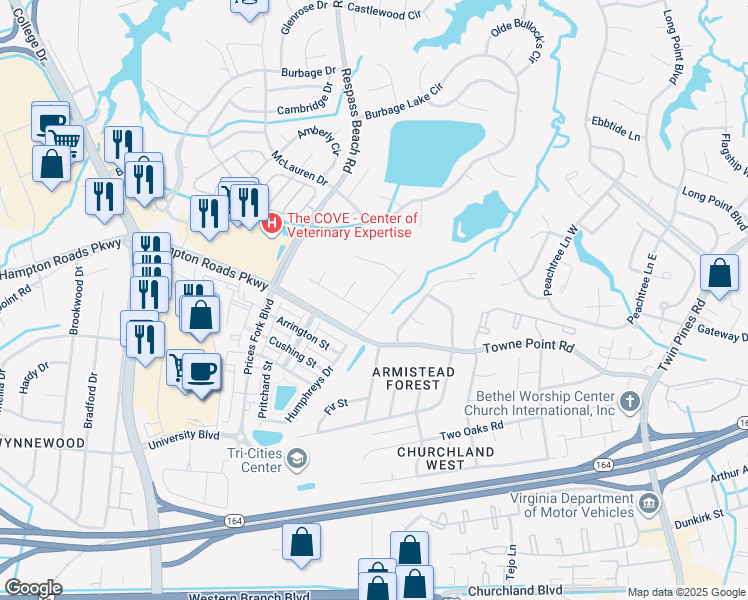 map of restaurants, bars, coffee shops, grocery stores, and more near 6217 Apple Street in Suffolk