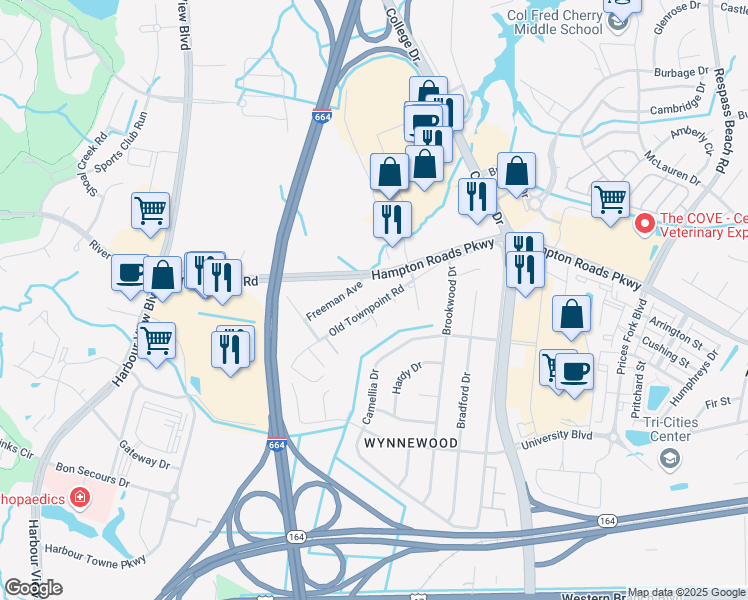 map of restaurants, bars, coffee shops, grocery stores, and more near 6336 Old Townpoint Road in Suffolk