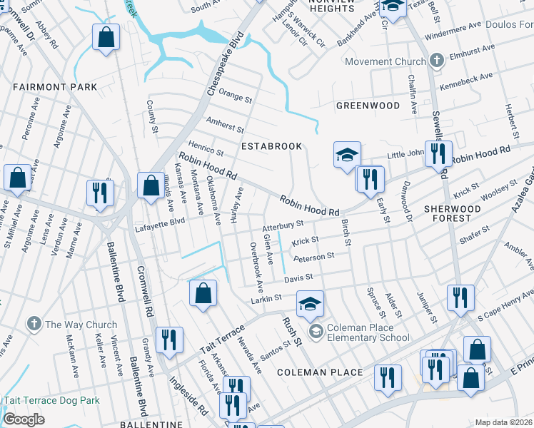 map of restaurants, bars, coffee shops, grocery stores, and more near 3100 Glen Avenue in Norfolk