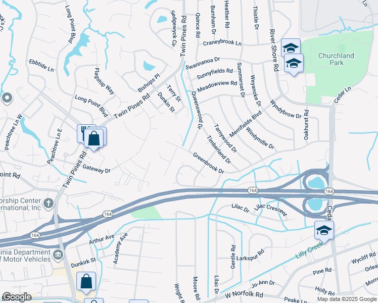 map of restaurants, bars, coffee shops, grocery stores, and more near 5504 Greenbrook Drive in Portsmouth