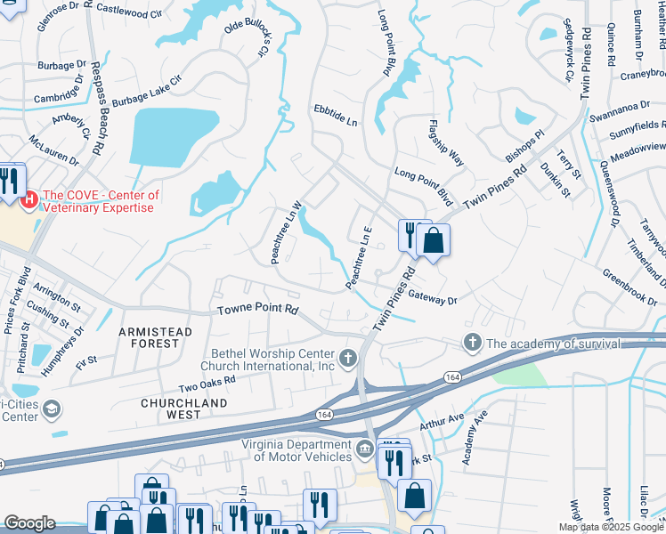 map of restaurants, bars, coffee shops, grocery stores, and more near 3802 Peachwood Dr in Portsmouth