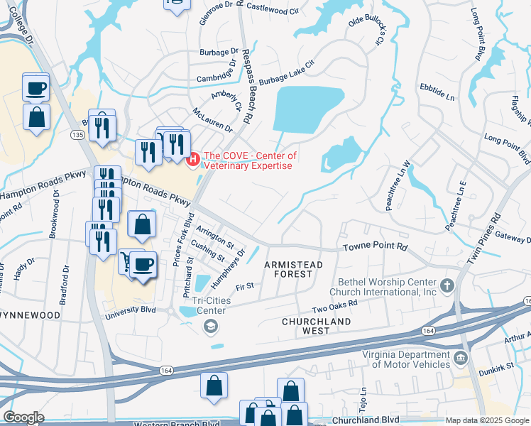 map of restaurants, bars, coffee shops, grocery stores, and more near 6217 Apple Street in Suffolk