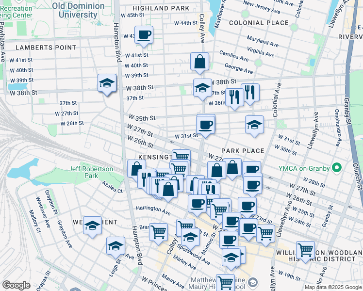 map of restaurants, bars, coffee shops, grocery stores, and more near West 27th Street in Norfolk