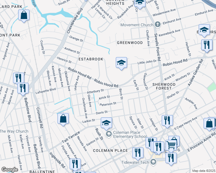 map of restaurants, bars, coffee shops, grocery stores, and more near 3853 Robin Hood Road in Norfolk