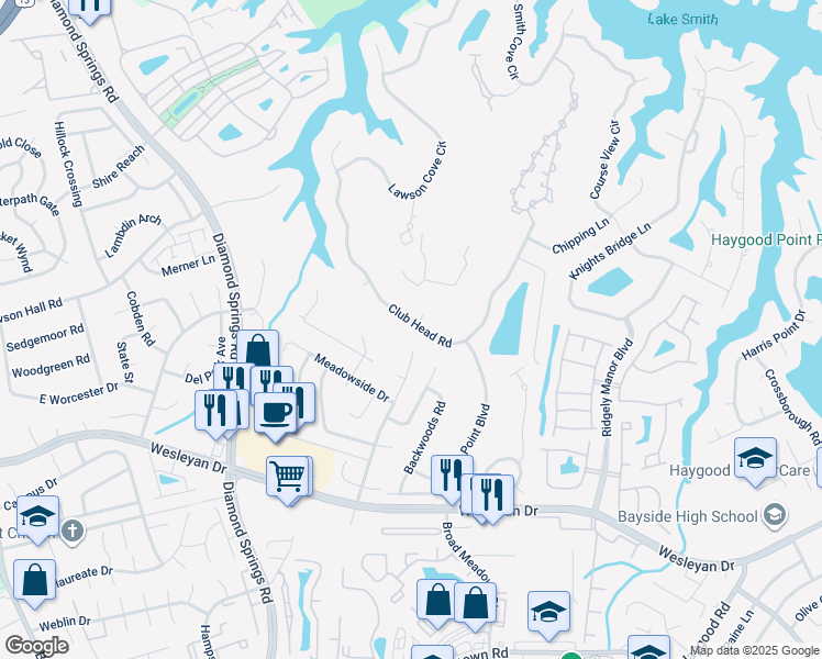 map of restaurants, bars, coffee shops, grocery stores, and more near 5337 Club Head Road in Virginia Beach