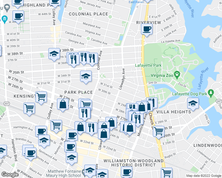 map of restaurants, bars, coffee shops, grocery stores, and more near 325 West 31st Street in Norfolk