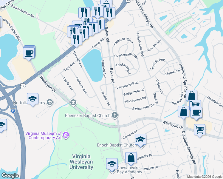 map of restaurants, bars, coffee shops, grocery stores, and more near 1037 Baker Road in Virginia Beach
