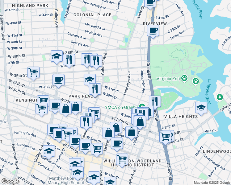 map of restaurants, bars, coffee shops, grocery stores, and more near 325 West 31st Street in Norfolk