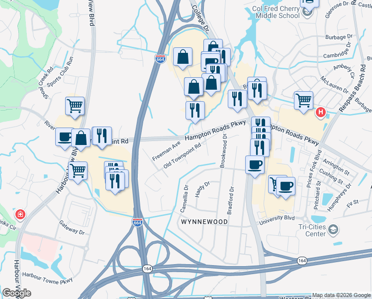 map of restaurants, bars, coffee shops, grocery stores, and more near 6317 Freeman Avenue in Suffolk