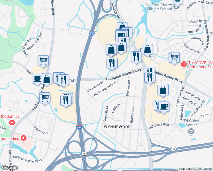 map of restaurants, bars, coffee shops, grocery stores, and more near 6336 Old Townpoint Road in Suffolk