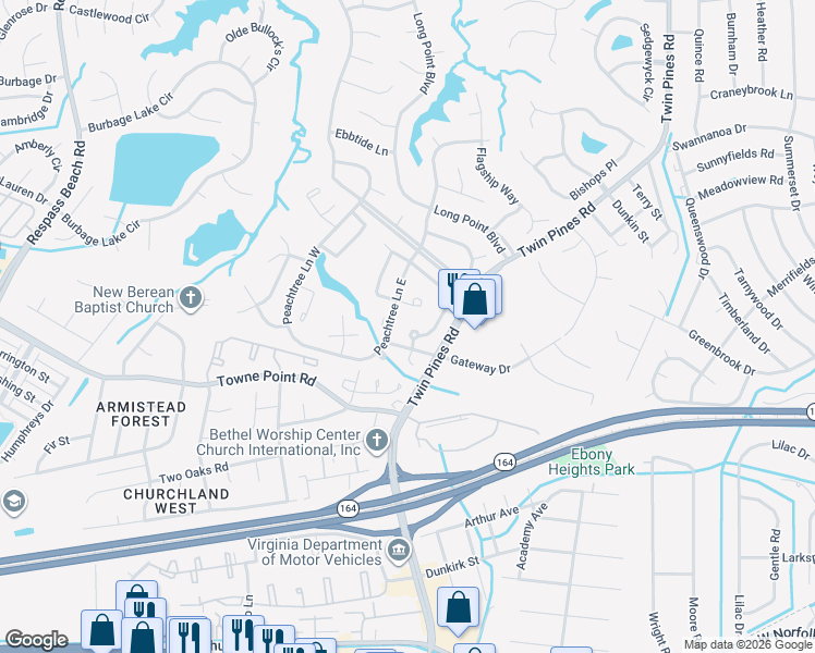 map of restaurants, bars, coffee shops, grocery stores, and more near 3855 Peachtree Lane East in Portsmouth