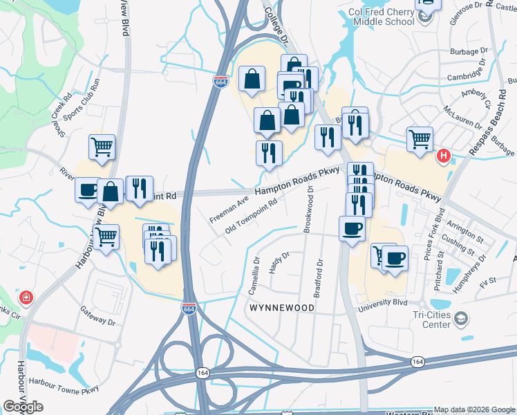map of restaurants, bars, coffee shops, grocery stores, and more near 6317 Freeman Avenue in Suffolk