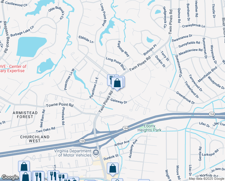 map of restaurants, bars, coffee shops, grocery stores, and more near 3935 Twin Pines Road in Portsmouth