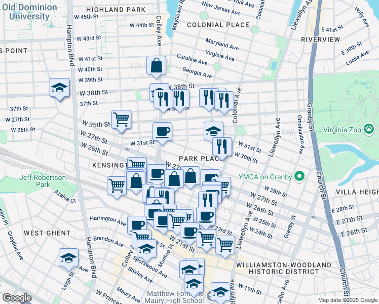 map of restaurants, bars, coffee shops, grocery stores, and more near 633 West 29th Street in Norfolk