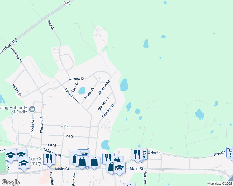 map of restaurants, bars, coffee shops, grocery stores, and more near 172 Glendale Drive in Cadiz