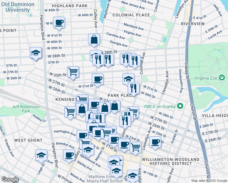 map of restaurants, bars, coffee shops, grocery stores, and more near 633 West 29th Street in Norfolk