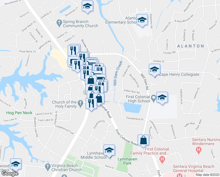 map of restaurants, bars, coffee shops, grocery stores, and more near 2118 Sanctuary Court in Virginia Beach