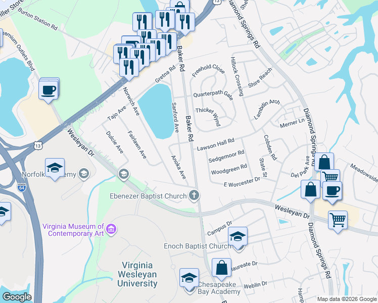 map of restaurants, bars, coffee shops, grocery stores, and more near 1037 Baker Road in Virginia Beach