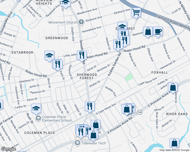 map of restaurants, bars, coffee shops, grocery stores, and more near 4911 Woolsey Street in Norfolk
