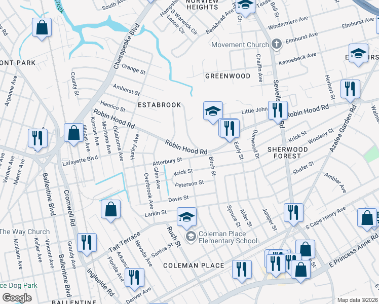 map of restaurants, bars, coffee shops, grocery stores, and more near 3417 East Bonner Drive in Norfolk