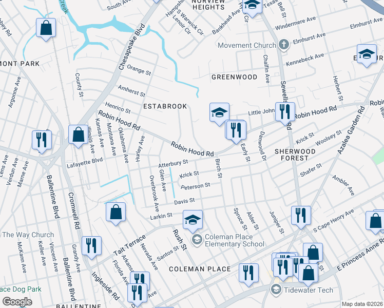 map of restaurants, bars, coffee shops, grocery stores, and more near 3837 Robin Hood Road in Norfolk