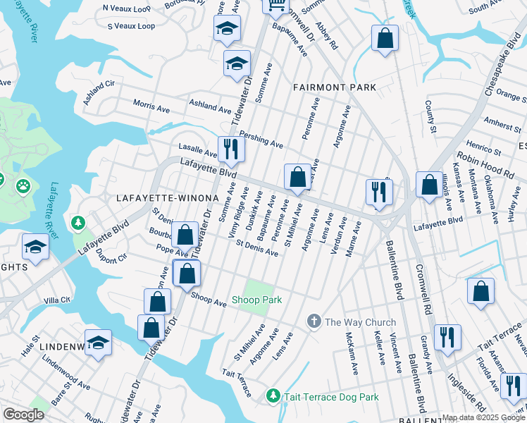 map of restaurants, bars, coffee shops, grocery stores, and more near 3111 Dunkirk Avenue in Norfolk