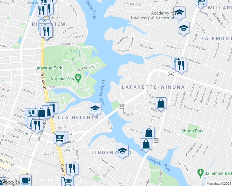 map of restaurants, bars, coffee shops, grocery stores, and more near 136 Orleans Circle in Norfolk