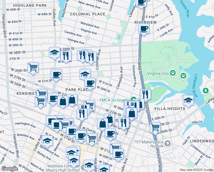 map of restaurants, bars, coffee shops, grocery stores, and more near 402 West 31st Street in Norfolk