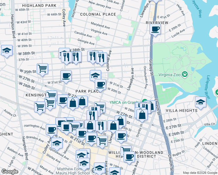 map of restaurants, bars, coffee shops, grocery stores, and more near 3020 Colonial Avenue in Norfolk