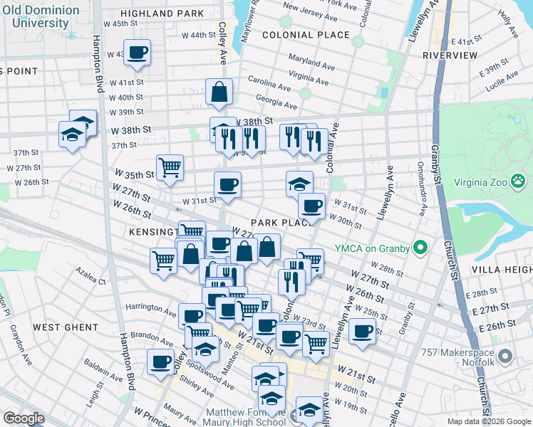 map of restaurants, bars, coffee shops, grocery stores, and more near 703 West 29th Street in Norfolk