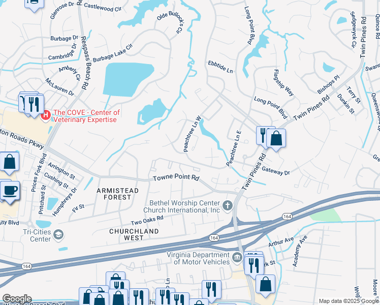 map of restaurants, bars, coffee shops, grocery stores, and more near 3830 Harvest Court in Portsmouth